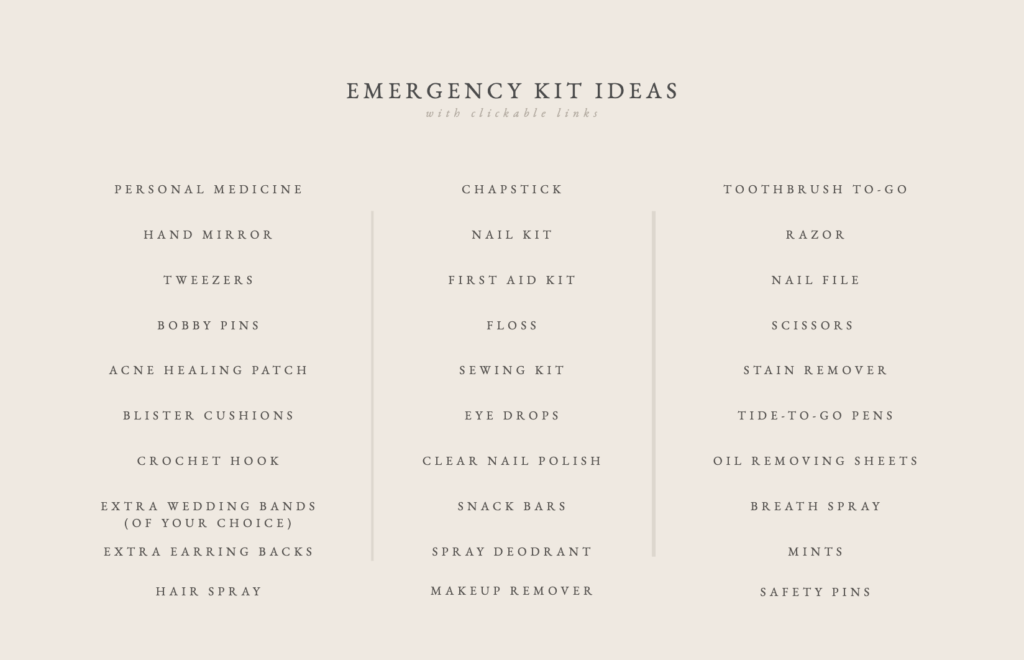 Wedding Day Emergency Kit Ideas list