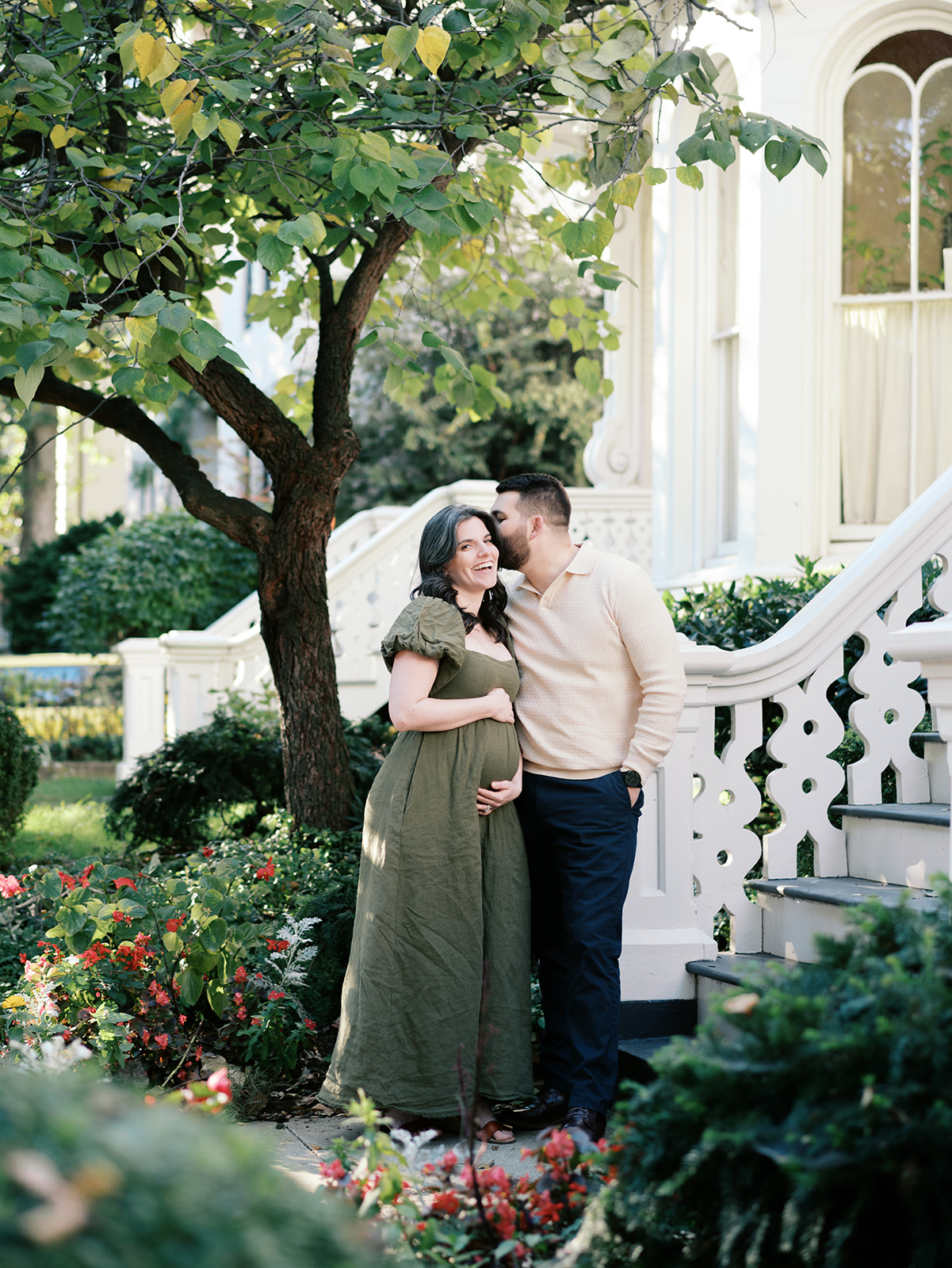 Maternity session featuring Georgetown’s historic canal in Washington, DC, with golden early fall light.